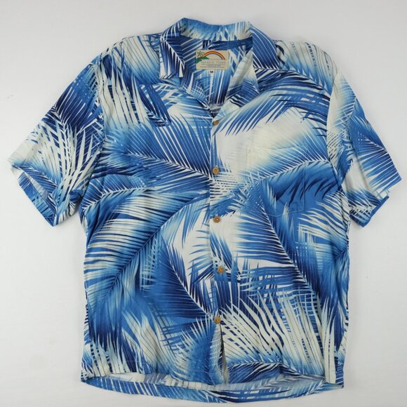 Paradise Found Men's Sz Medium Palm fronds Honolulu Hawaiian Blue Rayon Wood - Picture 1 of 5